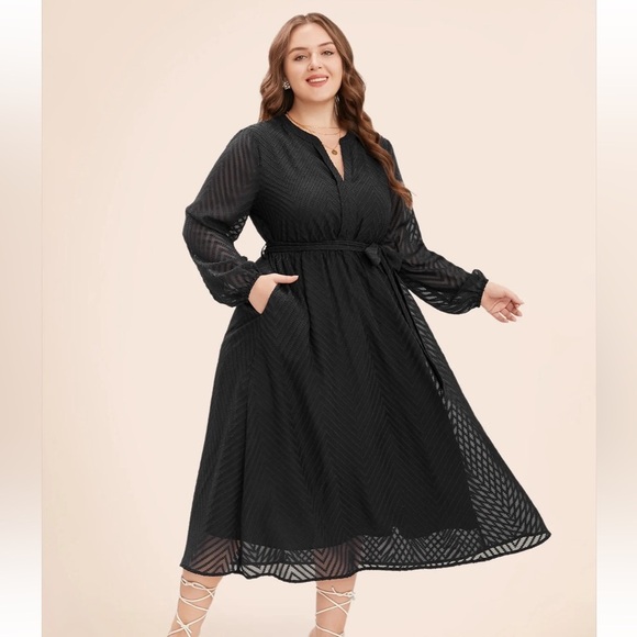 BloomChic Plus Size XL Solid Geometric Pocket Mesh Lantern Sleeve Belted Dress - Picture 8 of 9